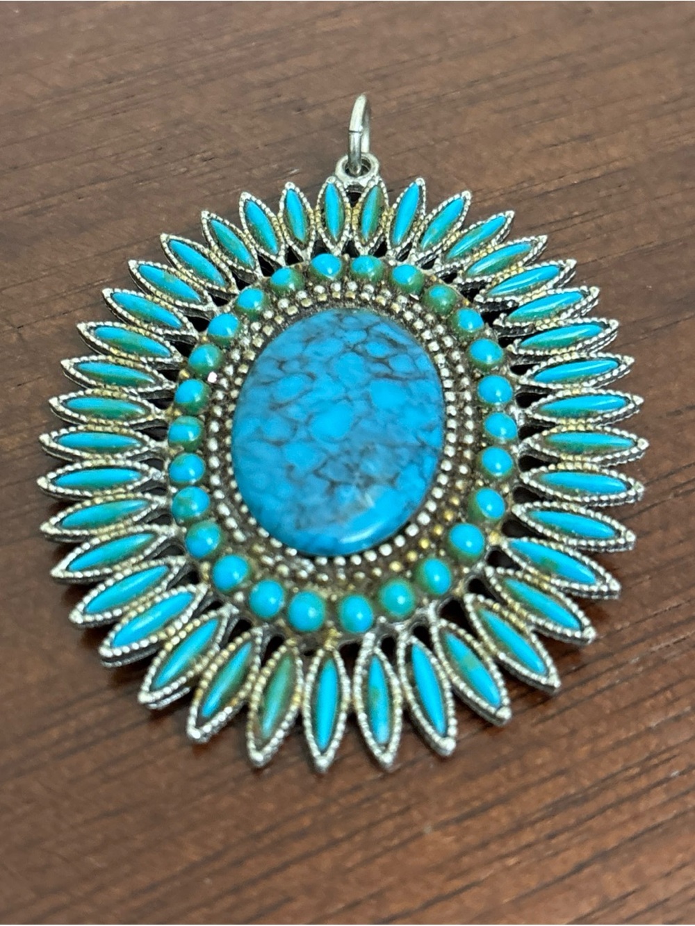 Vintage Ornate Silver-Tone Faux Turquoise Starburst Pendant No Chain